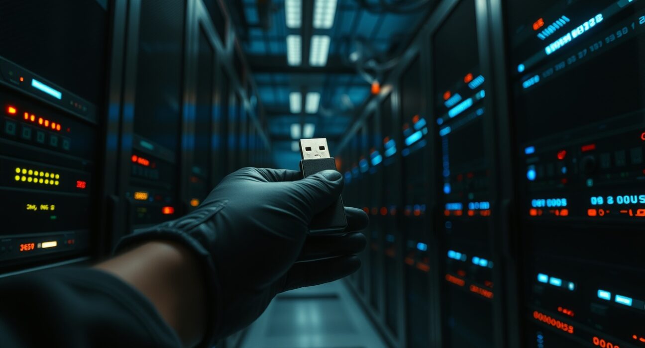 Hacker's hand inserting USB drive into server in a dimly lit data center, representing the TrustedVolumes exploit and subsequent fund laundering.