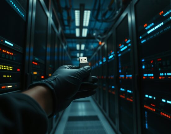 Hacker's hand inserting USB drive into server in a dimly lit data center, representing the TrustedVolumes exploit and subsequent fund laundering.