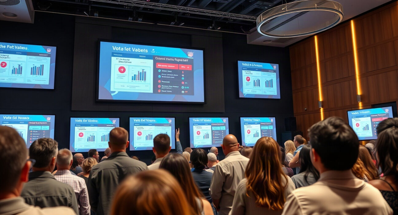 People voting on digital screens at the TrustFinance Community Choice Awards 2026 event