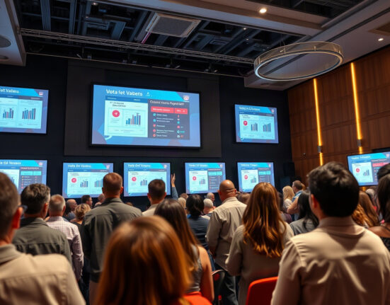 People voting on digital screens at the TrustFinance Community Choice Awards 2026 event