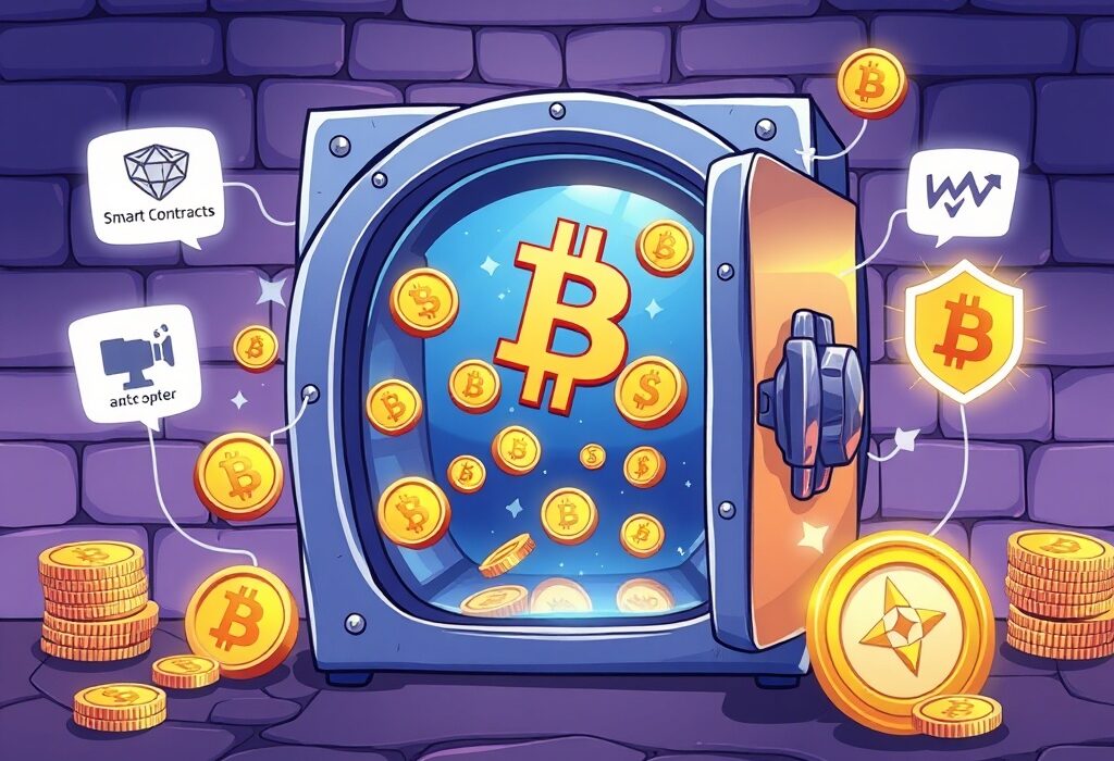 A cartoon illustration depicting trustless BTC vaults securely integrating Bitcoin into decentralized finance applications.