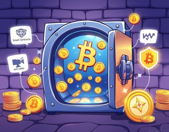 A cartoon illustration depicting trustless BTC vaults securely integrating Bitcoin into decentralized finance applications.