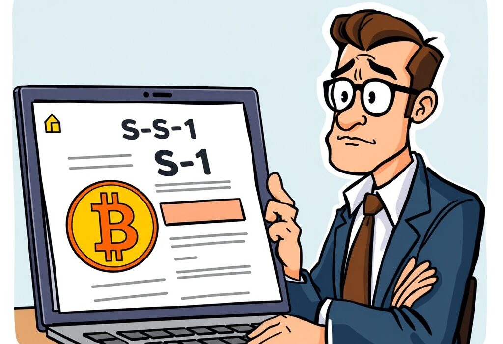 A cartoon illustration showing a digital document with a Bitcoin symbol being updated, representing Truth Social's amended Spot Bitcoin ETF SEC filing.