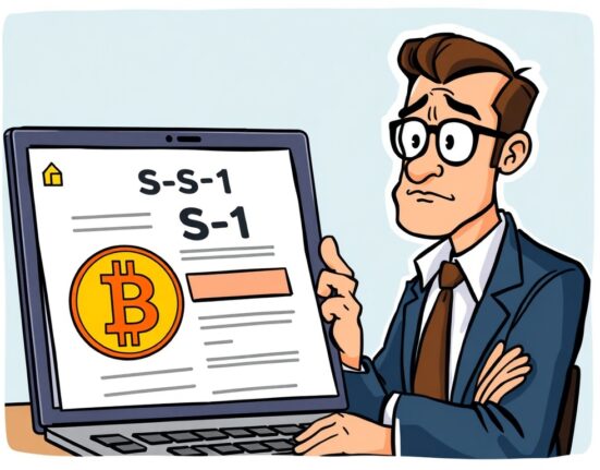 A cartoon illustration showing a digital document with a Bitcoin symbol being updated, representing Truth Social's amended Spot Bitcoin ETF SEC filing.