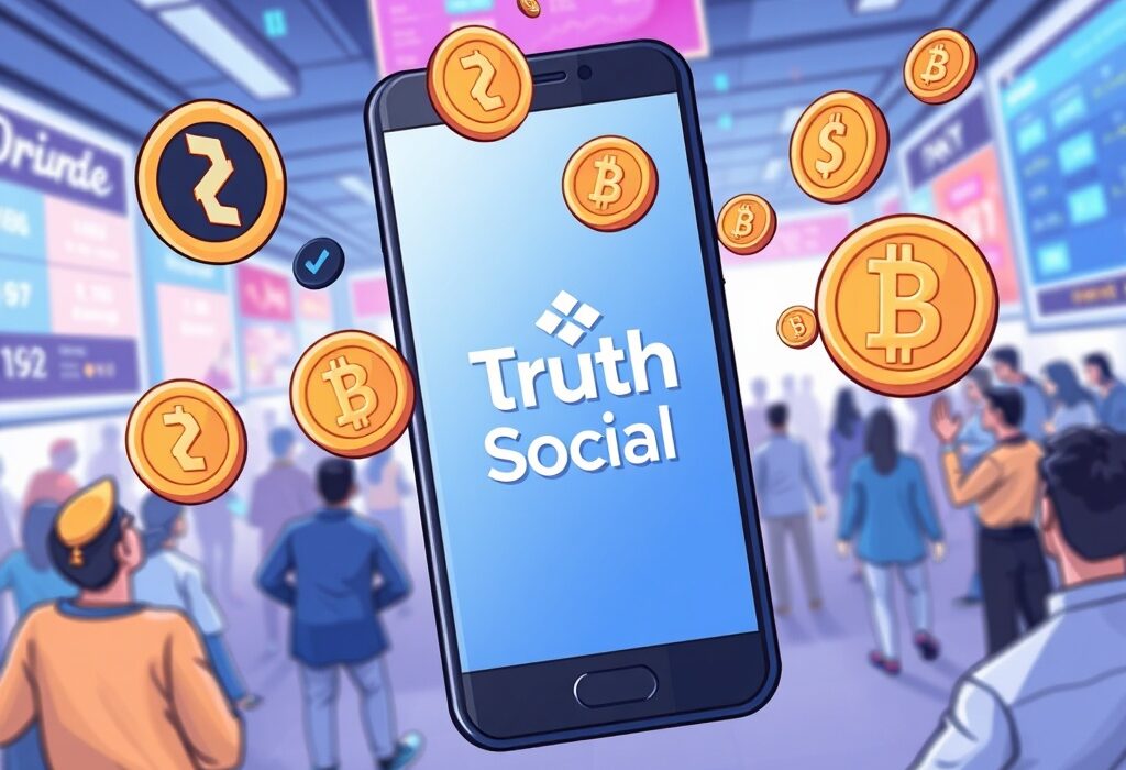 Cartoon illustration showing the exciting Truth Social CRO conversion process, where Truth Gems are converted into CRO coins on a mobile screen.