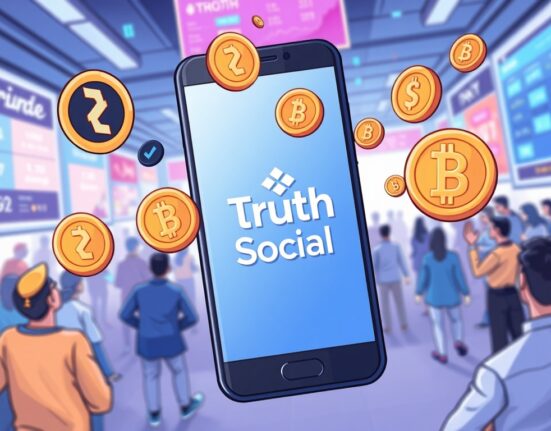 Cartoon illustration showing the exciting Truth Social CRO conversion process, where Truth Gems are converted into CRO coins on a mobile screen.