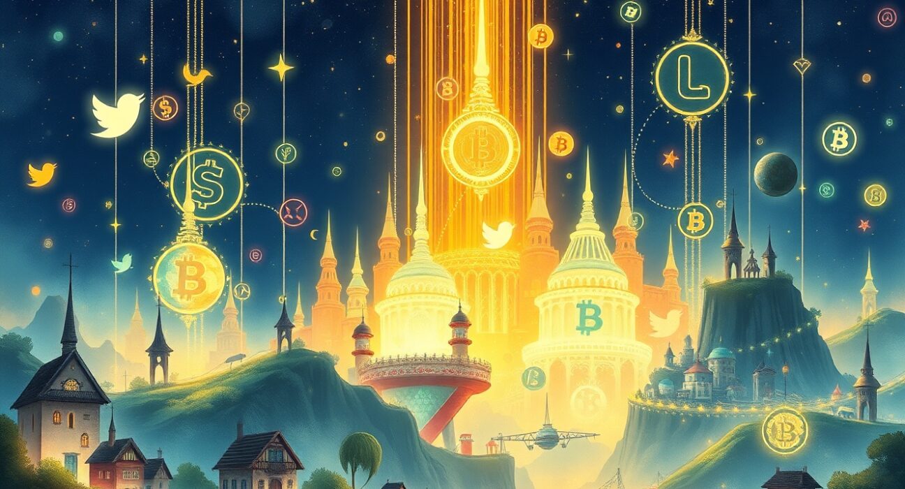 Strategic merger of social media and cryptocurrency symbols representing Trump Media's business plan.