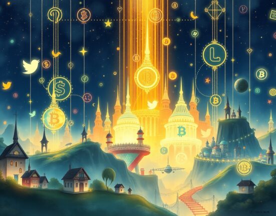 Strategic merger of social media and cryptocurrency symbols representing Trump Media's business plan.