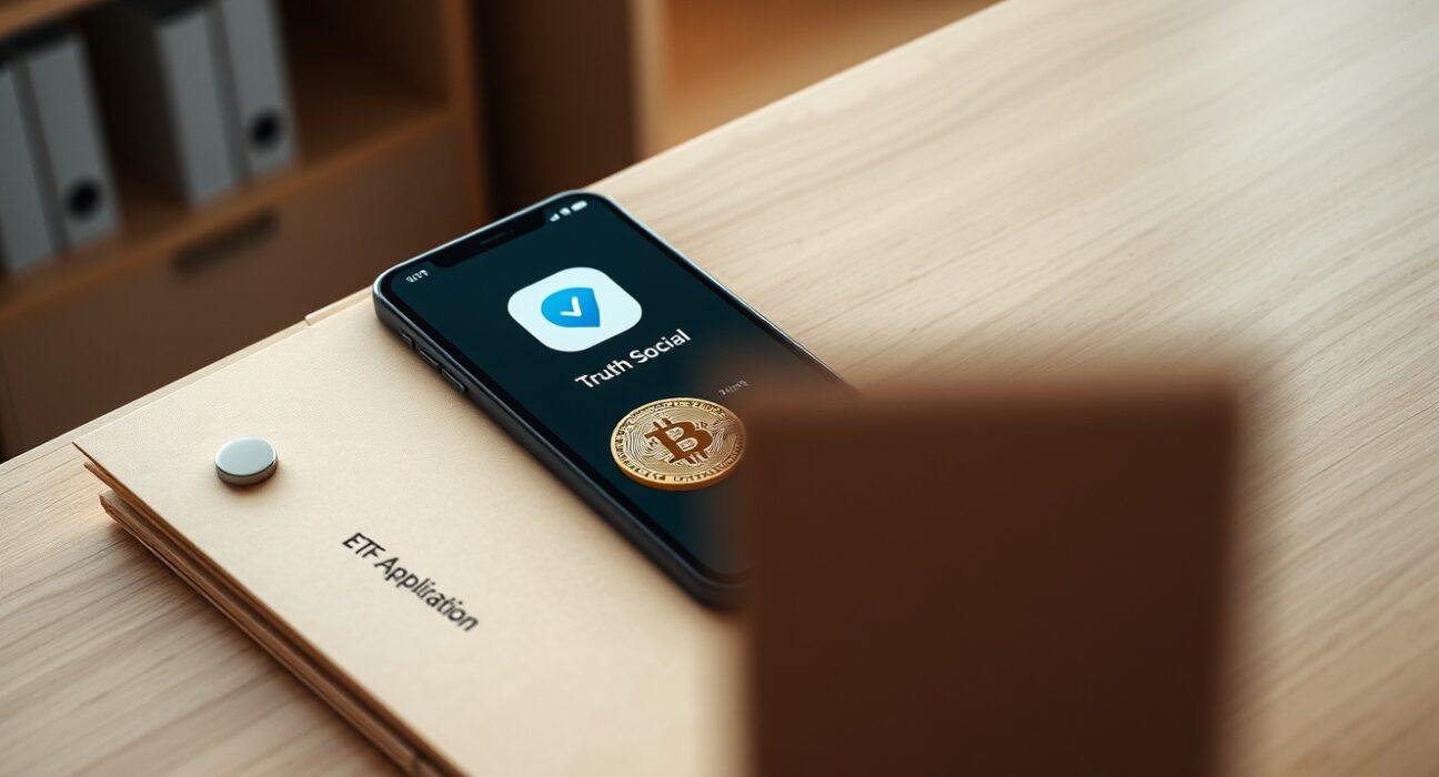 Smartphone showing Truth Social app next to Bitcoin coin and ETF folder on desk