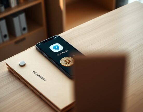 Smartphone showing Truth Social app next to Bitcoin coin and ETF folder on desk