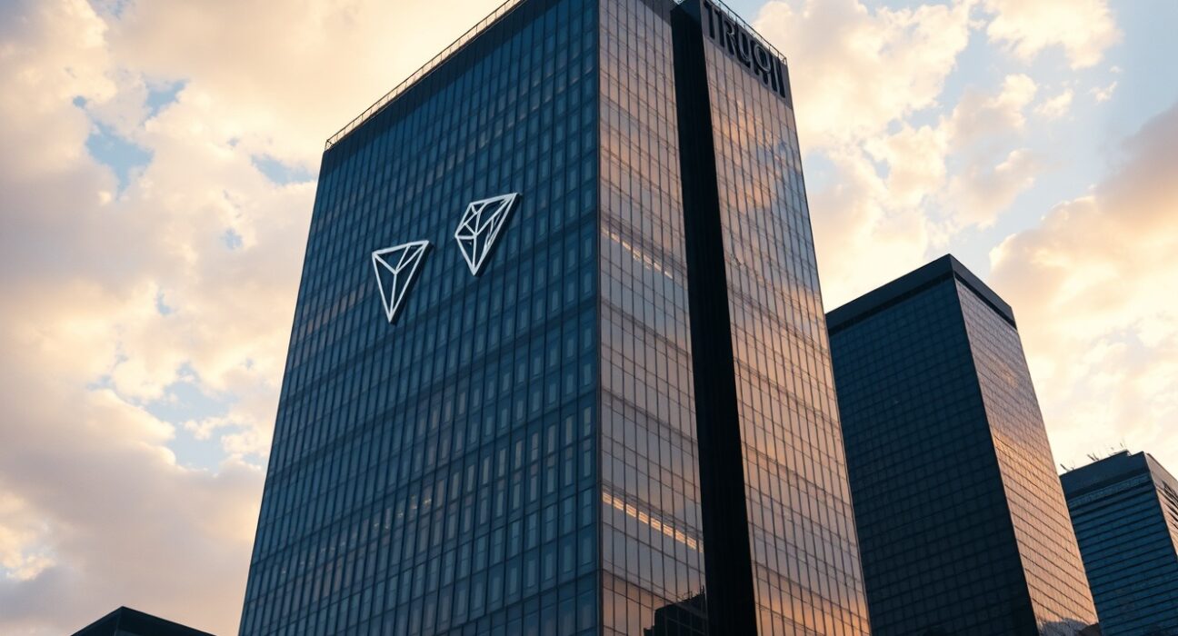 Modern skyscraper with Tron logo reflection, representing TRX price analysis and network growth.