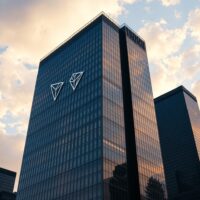 Modern skyscraper with Tron logo reflection, representing TRX price analysis and network growth.