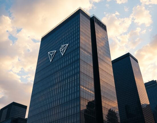 Modern skyscraper with Tron logo reflection, representing TRX price analysis and network growth.