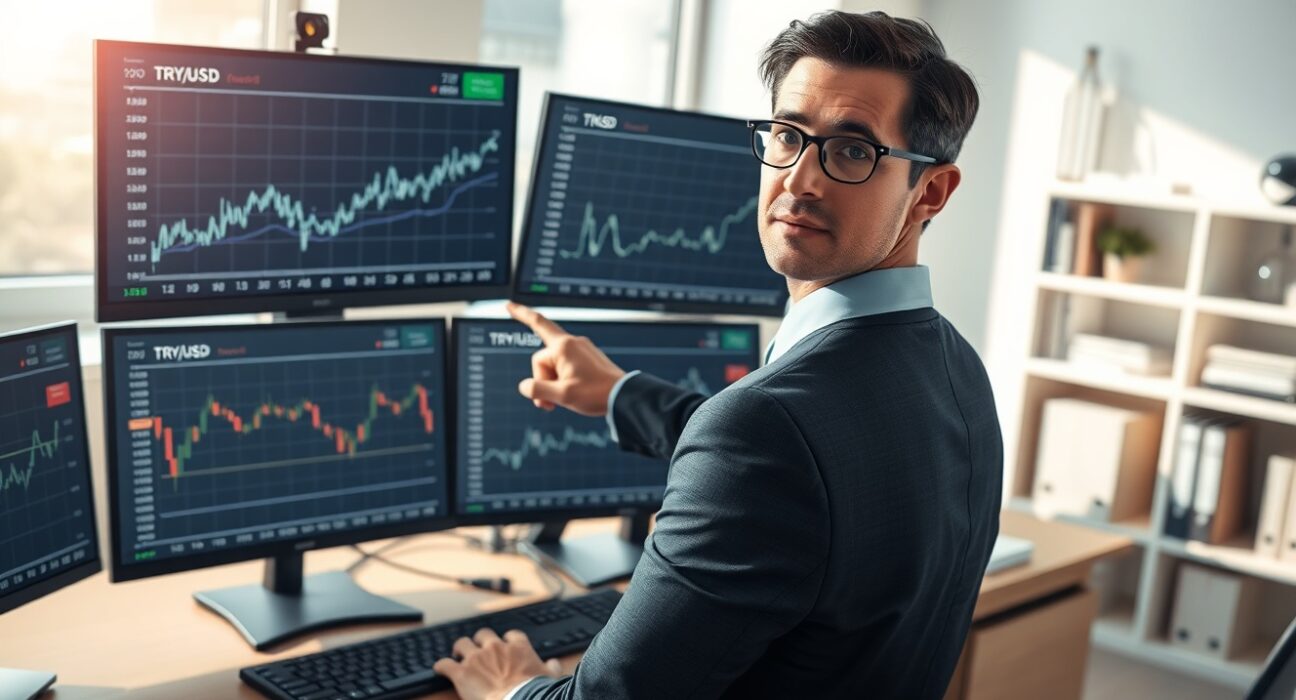 Financial analyst examining TRY currency charts and energy market data in BNP Paribas research report