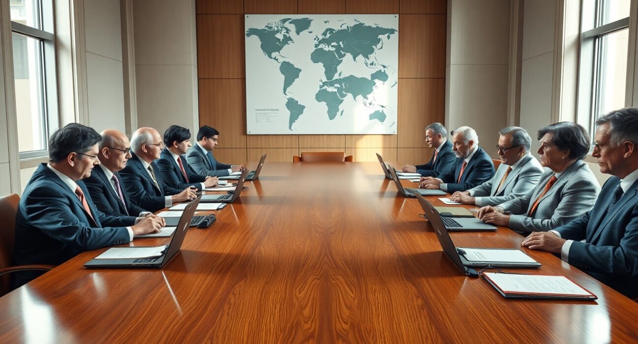 Central bank officials in a boardroom meeting discussing monetary policy