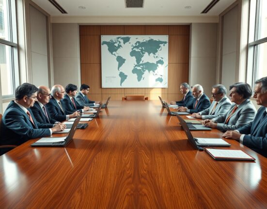 Central bank officials in a boardroom meeting discussing monetary policy