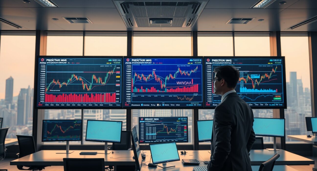 Trader analyzing financial charts in a modern office with city skyline, representing TurboFlow's prediction market platform.