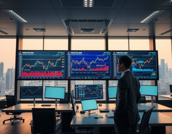 Trader analyzing financial charts in a modern office with city skyline, representing TurboFlow's prediction market platform.