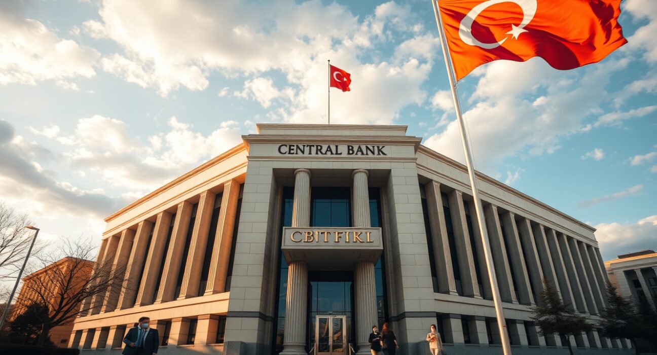 Exterior view of the Central Bank of the Republic of Turkey headquarters in Ankara under a partly cloudy sky.