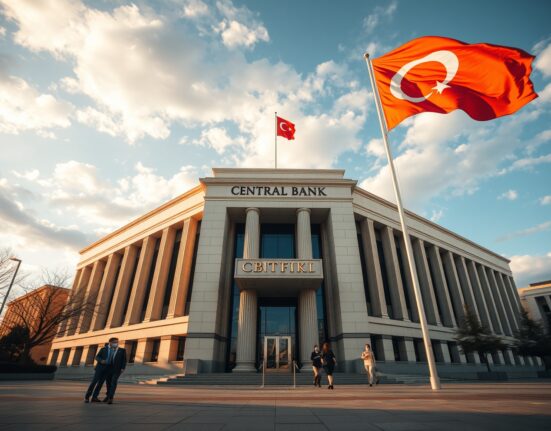 Exterior view of the Central Bank of the Republic of Turkey headquarters in Ankara under a partly cloudy sky.