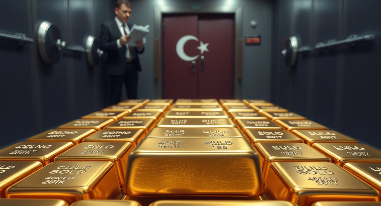 Turkey central bank gold reserves stacked in vault to defend Turkish lira currency stability