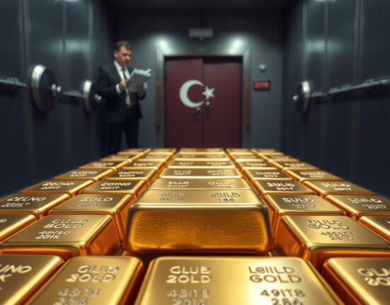 Turkey central bank gold reserves stacked in vault to defend Turkish lira currency stability