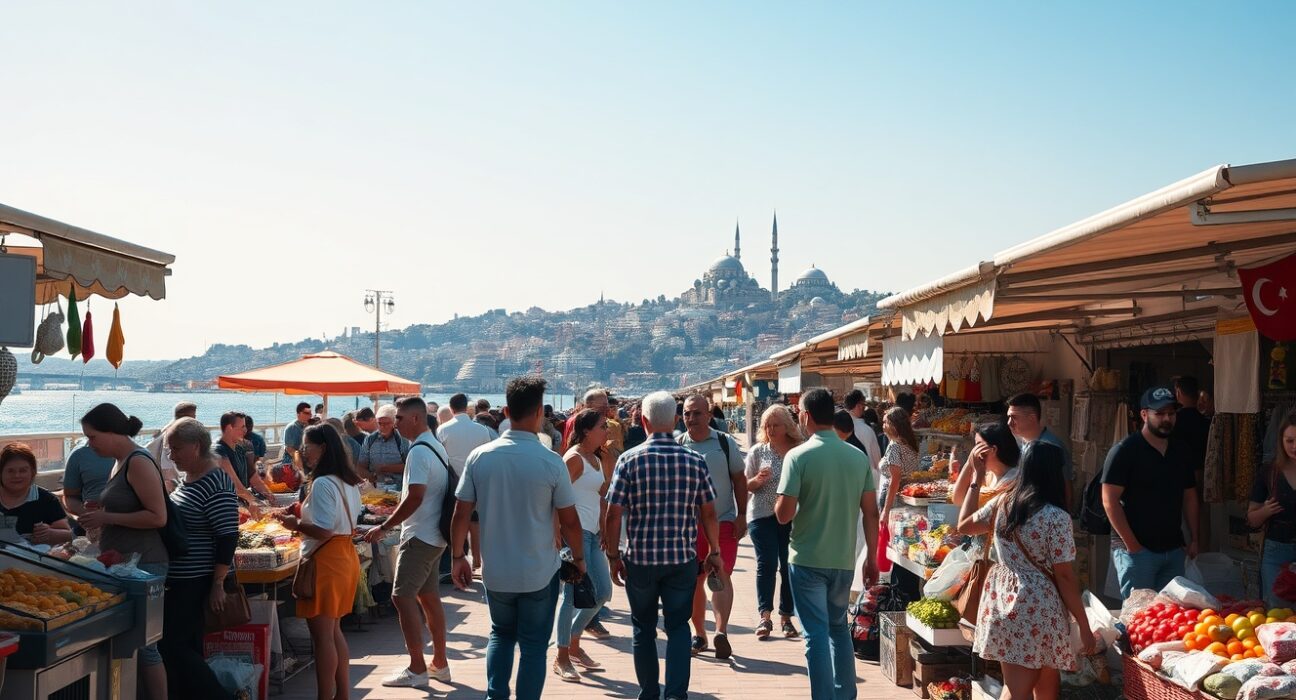Busy outdoor market in Istanbul with shoppers and vendors on a sunny July day