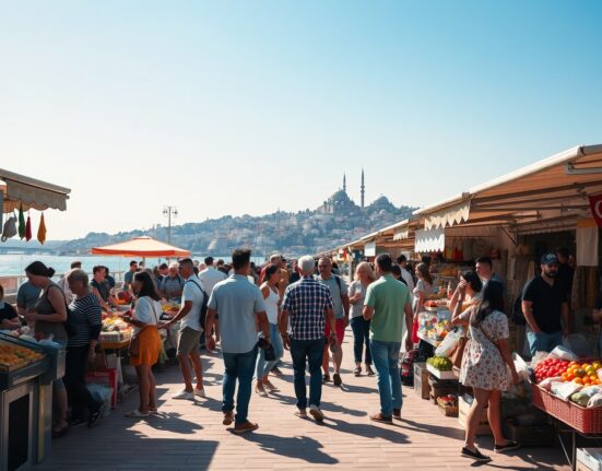 Busy outdoor market in Istanbul with shoppers and vendors on a sunny July day