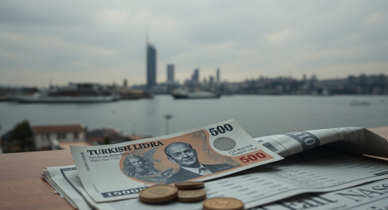 Turkish Lira banknotes and coins on a desk with financial charts in the background in Istanbul