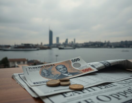 Turkish Lira banknotes and coins on a desk with financial charts in the background in Istanbul