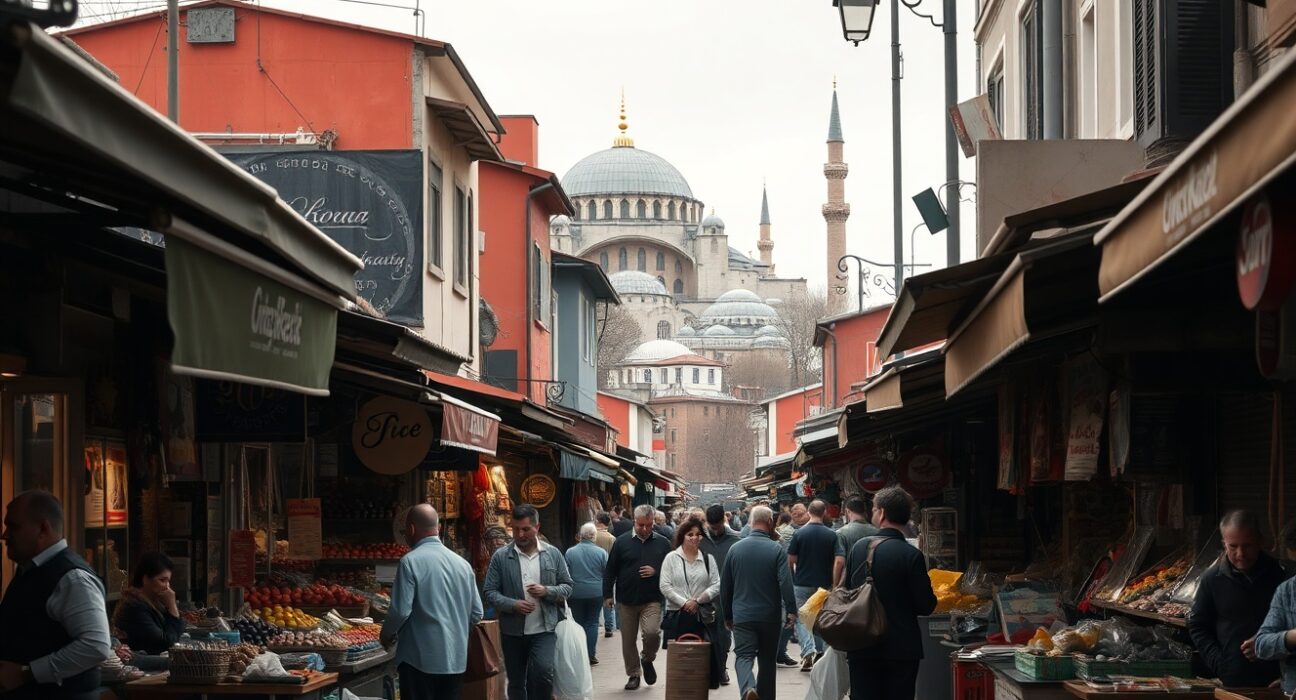 Busy street market in Istanbul with shoppers and vendors under overcast sky