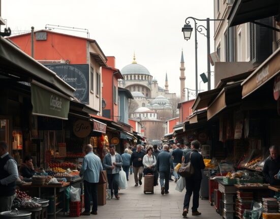 Busy street market in Istanbul with shoppers and vendors under overcast sky