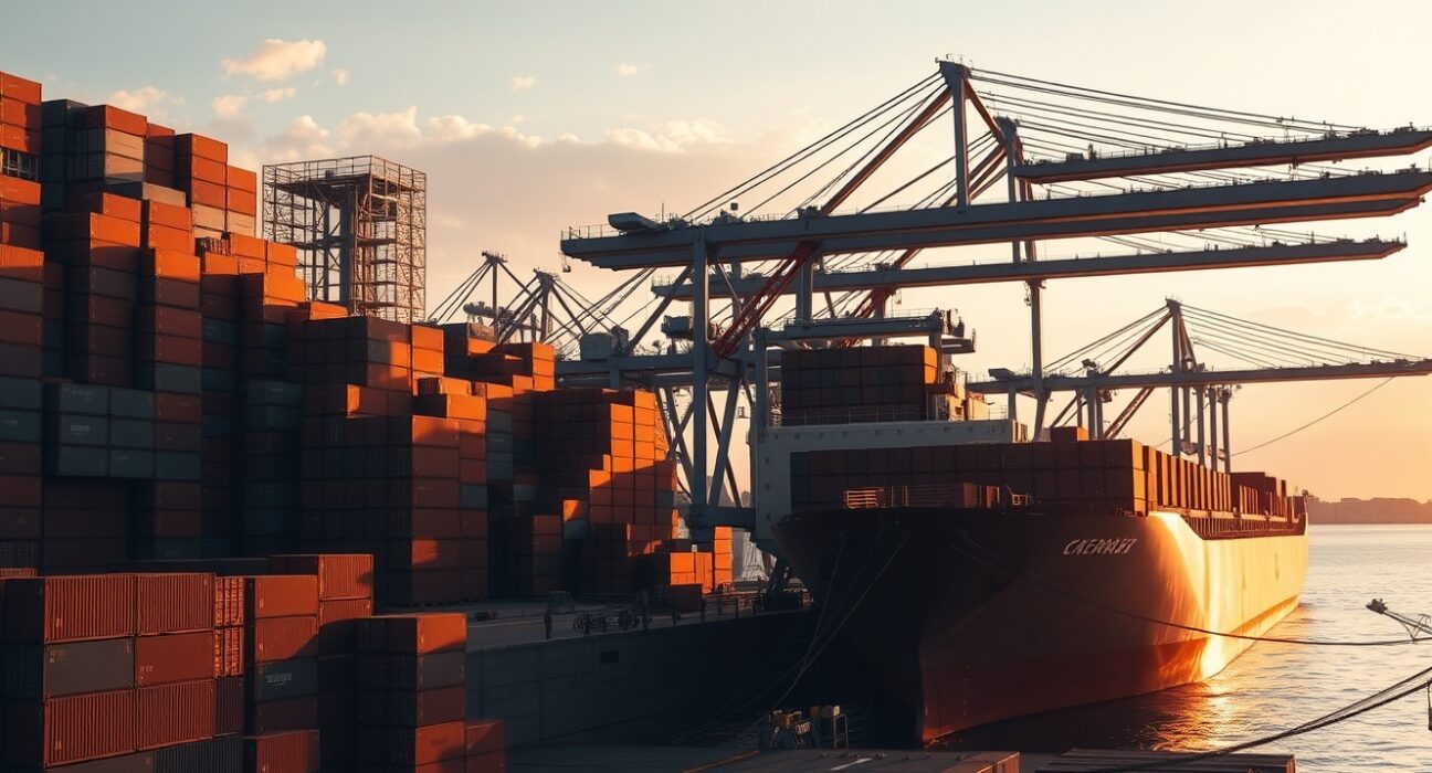 Aerial view of a busy container port in Turkey at sunrise with cargo ships and cranes.