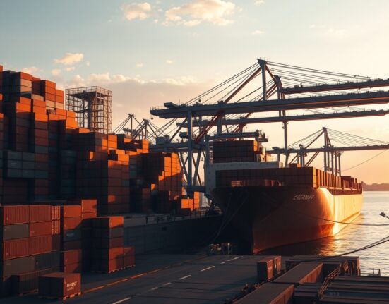 Aerial view of a busy container port in Turkey at sunrise with cargo ships and cranes.