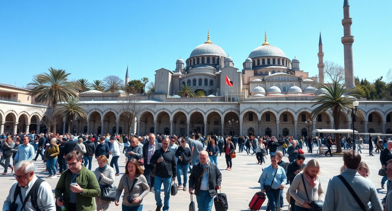 Tourists in Istanbul's Sultanahmet Square with Hagia Sophia in the background