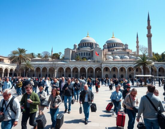 Tourists in Istanbul's Sultanahmet Square with Hagia Sophia in the background