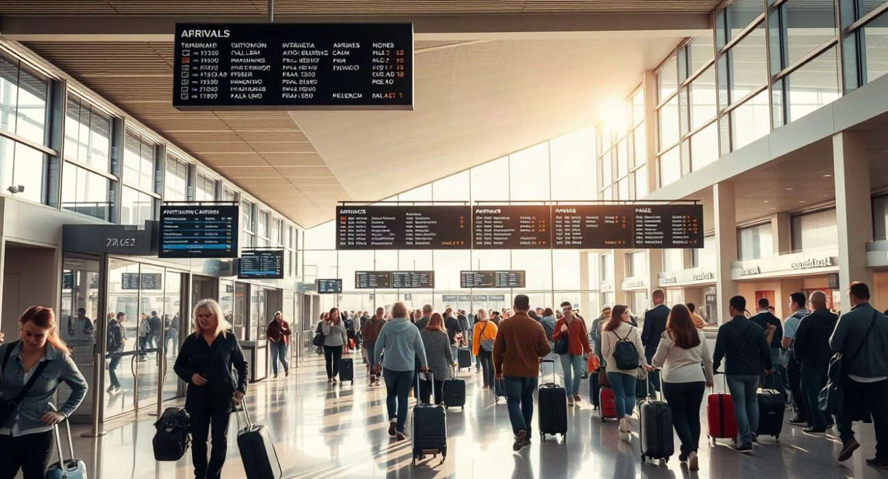Travelers at a Turkish airport arrivals hall, reflecting the latest tourism data