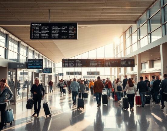 Travelers at a Turkish airport arrivals hall, reflecting the latest tourism data