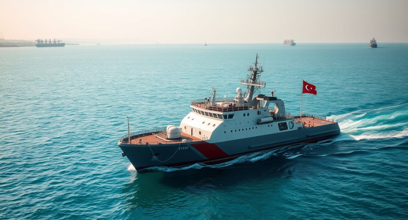 Turkish naval vessel conducting mine clearing operation in the Strait of Hormuz, highlighting Turkey's potential role in the Hormuz mine clearing operation.