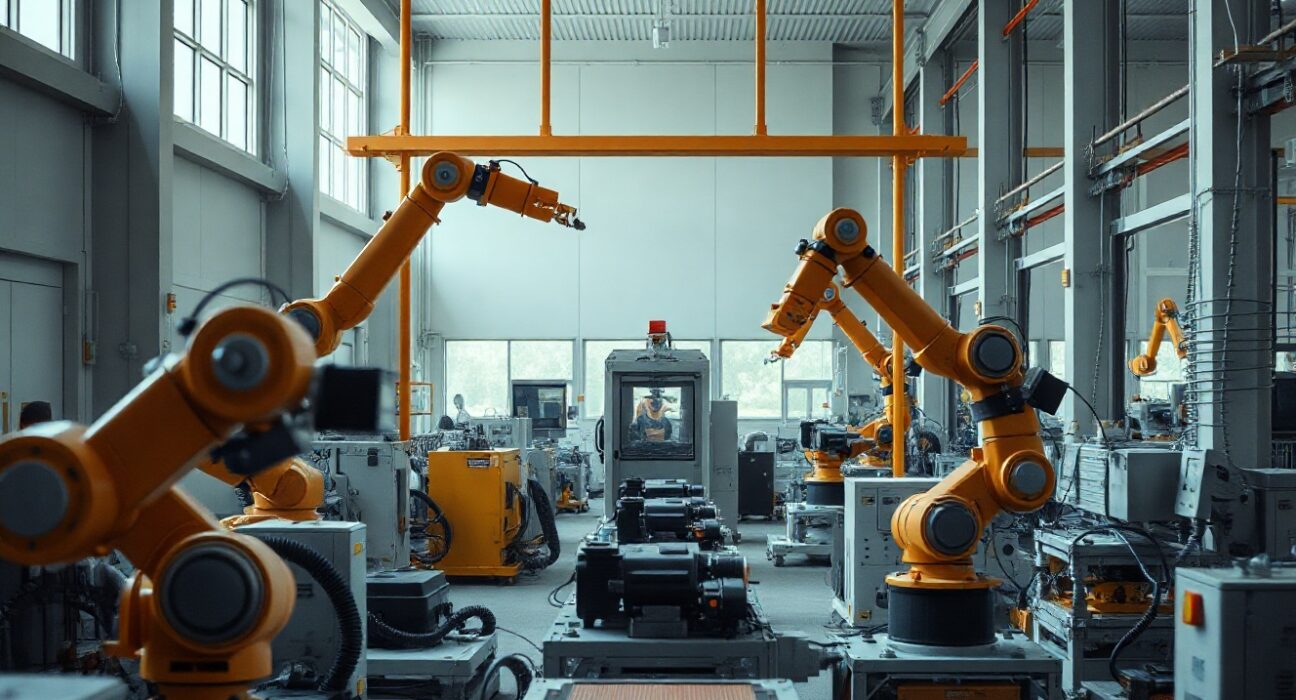 Workers and robotic machinery on a factory floor in Turkey, representing industrial production.