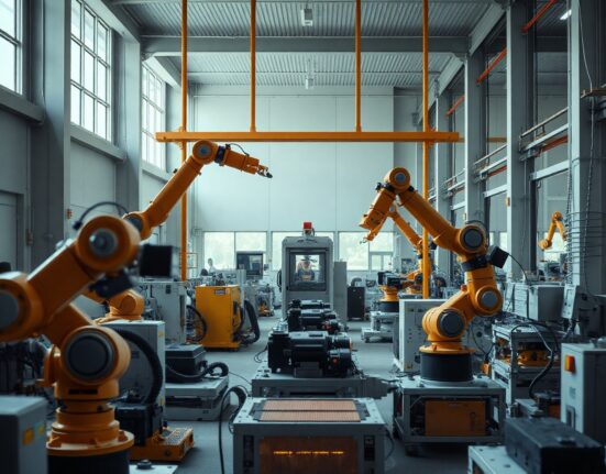Workers and robotic machinery on a factory floor in Turkey, representing industrial production.