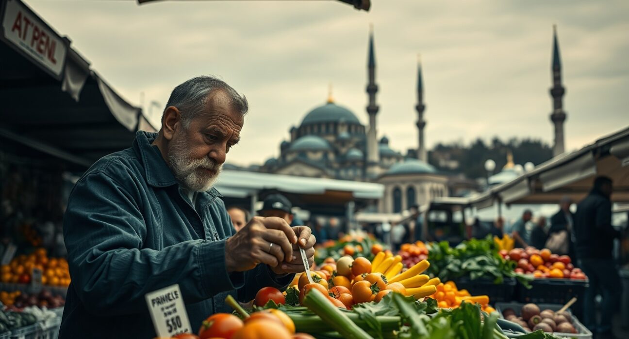 Market vendor adjusting price tags in Istanbul, reflecting rising inflation in Turkey.