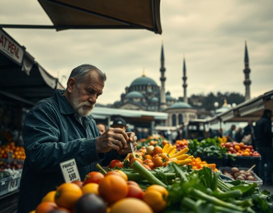 Market vendor adjusting price tags in Istanbul, reflecting rising inflation in Turkey.