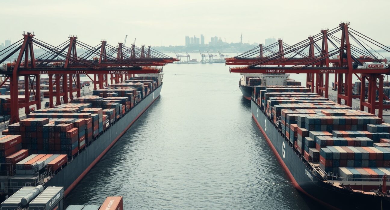 Container ships at a Turkish port, symbolizing trade activity.
