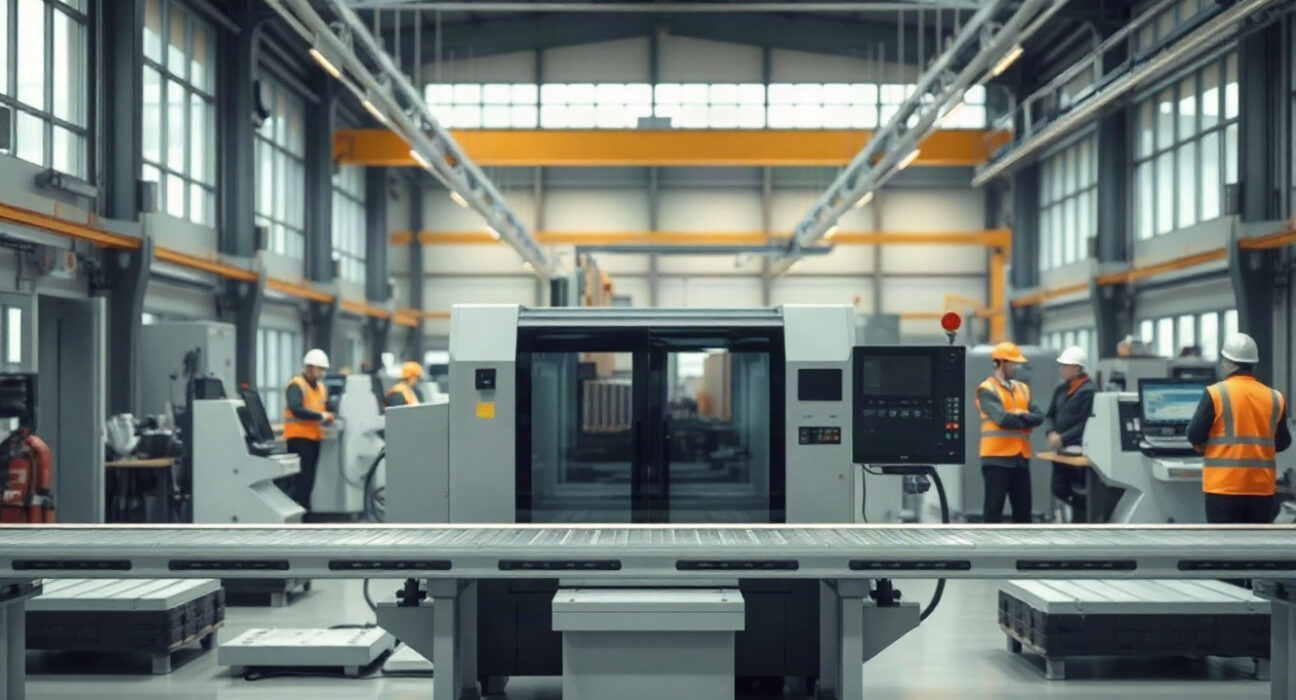 Interior of a modern manufacturing facility in Turkey with automated machinery and workers in safety vests.