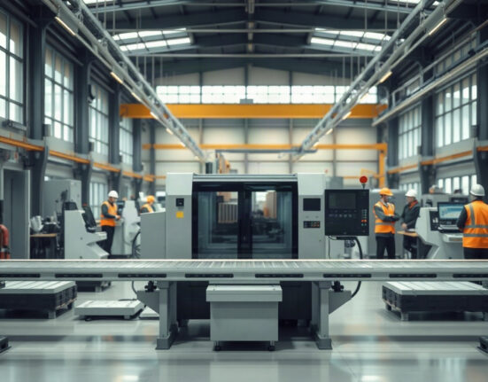 Interior of a modern manufacturing facility in Turkey with automated machinery and workers in safety vests.