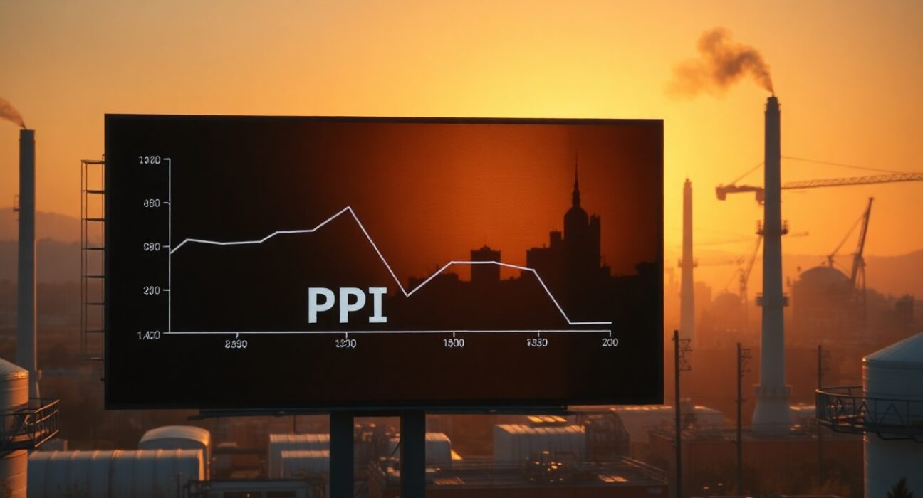 Industrial area in Istanbul with a digital display showing a declining PPI graph