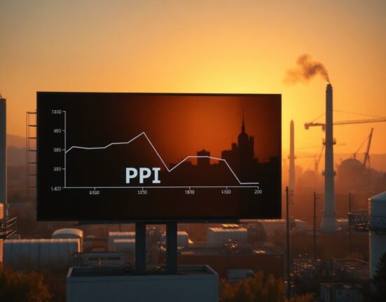 Industrial area in Istanbul with a digital display showing a declining PPI graph