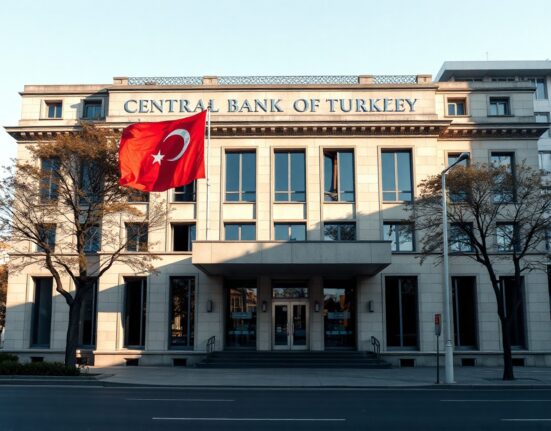 Central Bank of Turkey building in Ankara on a clear day, representing economic data release.