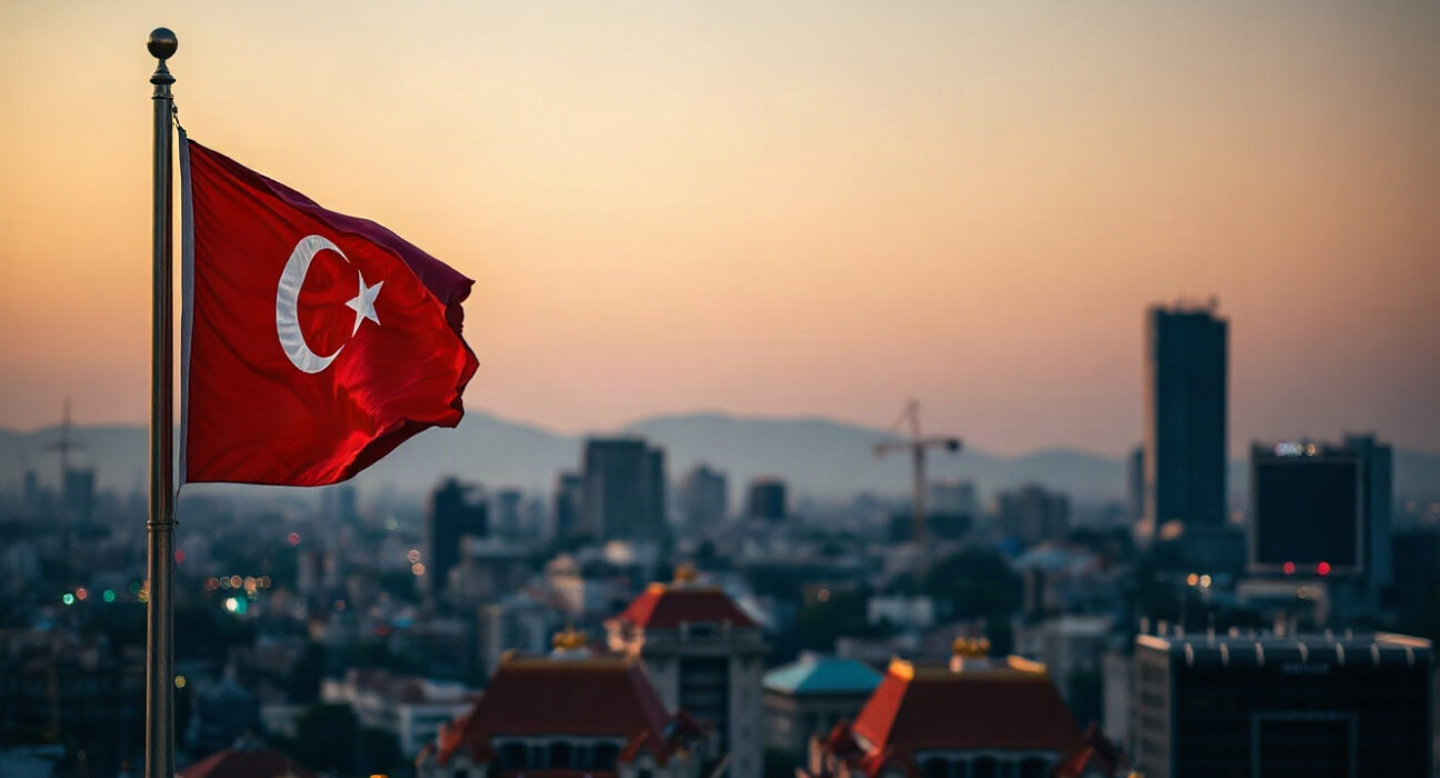 Ankara skyline with Turkish flag at sunset, representing Turkey's economic performance in Q2 2024.
